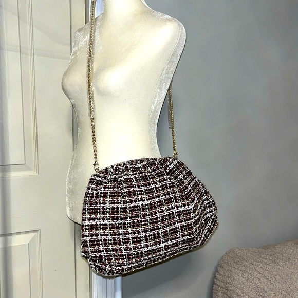 Urban expansions plaid herringbone bone mettalic thread knit bag clutch new - Picture 3 of 15
